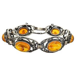Sterling Silver Filigree Bracelet Baltic Amber Cabs Eastern European 7.5 In Read
